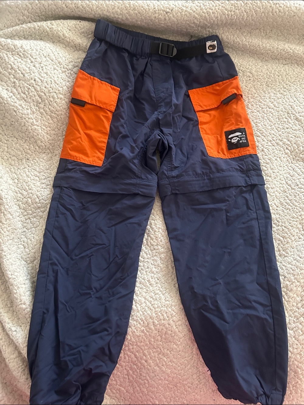 Navy Blue Bape Cargo Joggers with Bright Orange Pockets
